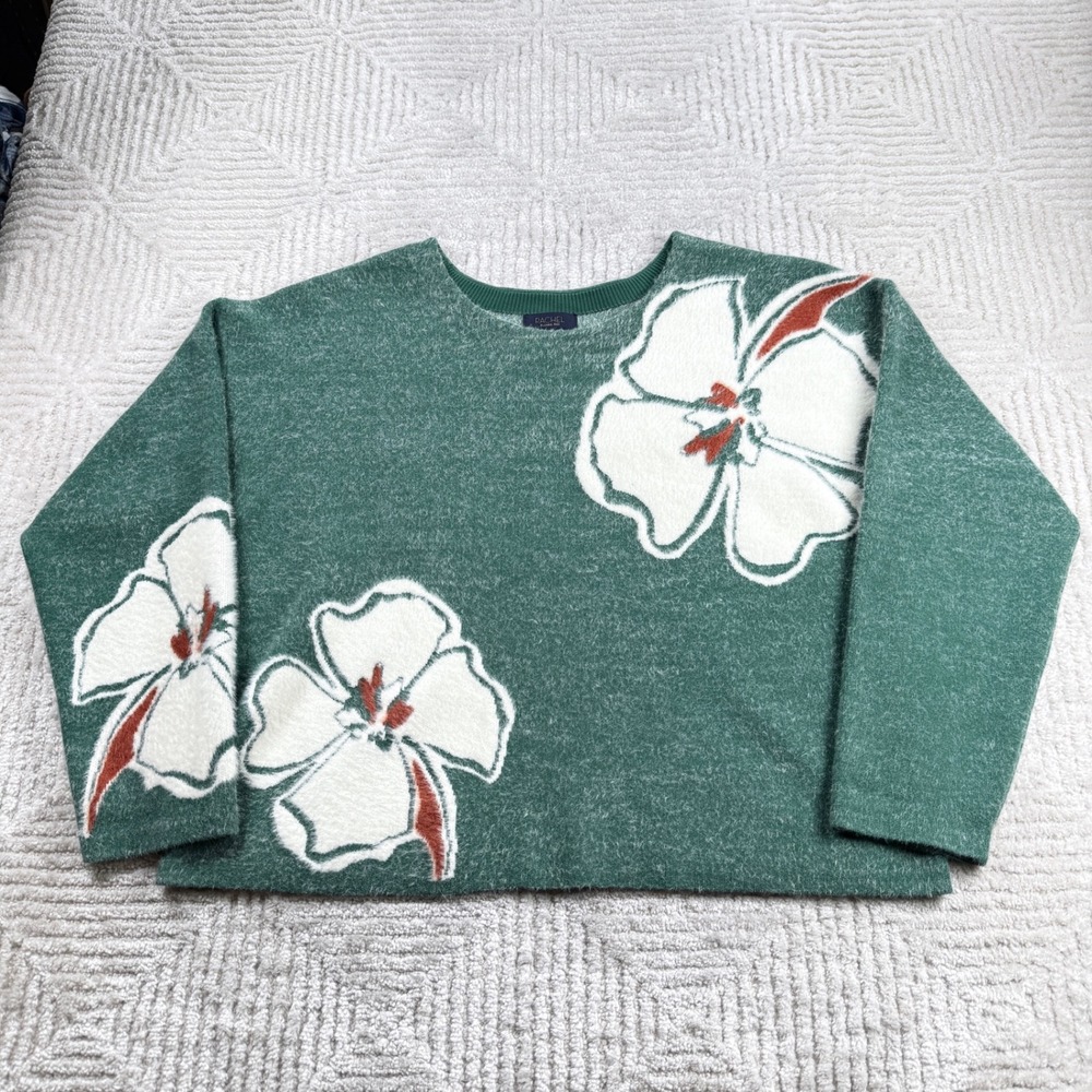 Rachel Roy Floral Sweater Women's XL Green Fuzzy Eyelash Botanical Coquette Cozy